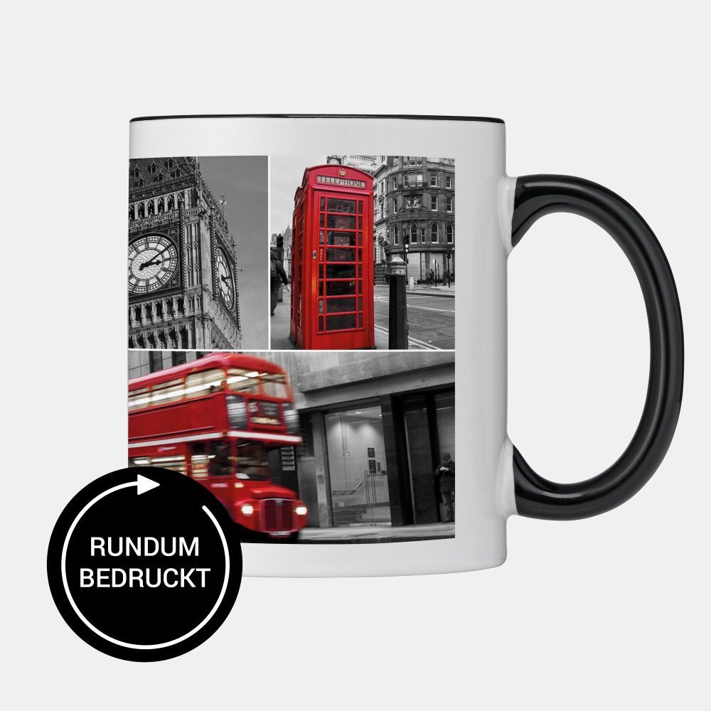Die Panoramatasse mit schwarzem Henkel und Trinkrand zeigt London-Motive mit rotem Bus, Big Ben und Telefonzelle.