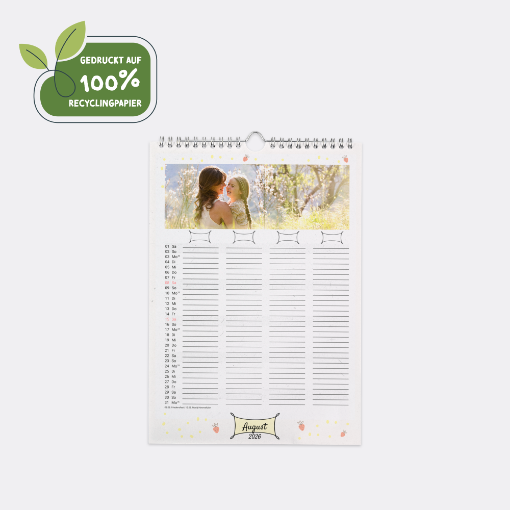 Umweltfreundlicher A4 Familienkalender „Natur Pur“ mit August-Foto, gedruckt auf 100 % Recyclingpapier.
