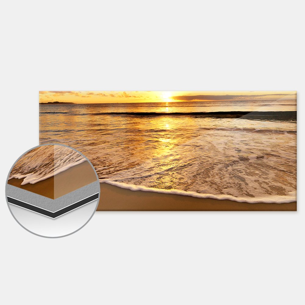 Das Gallery Print zeigt einen Sonnenuntergang am Strand, daneben ist die Materialkante vergrößert dargestellt.